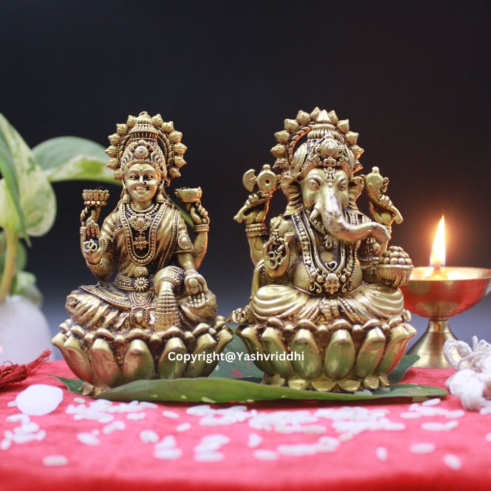Laxmi Ganesh Wax Casting Idol | Traditional Hindu Deity Statue for Pooja & Décor | Yashvriddhi