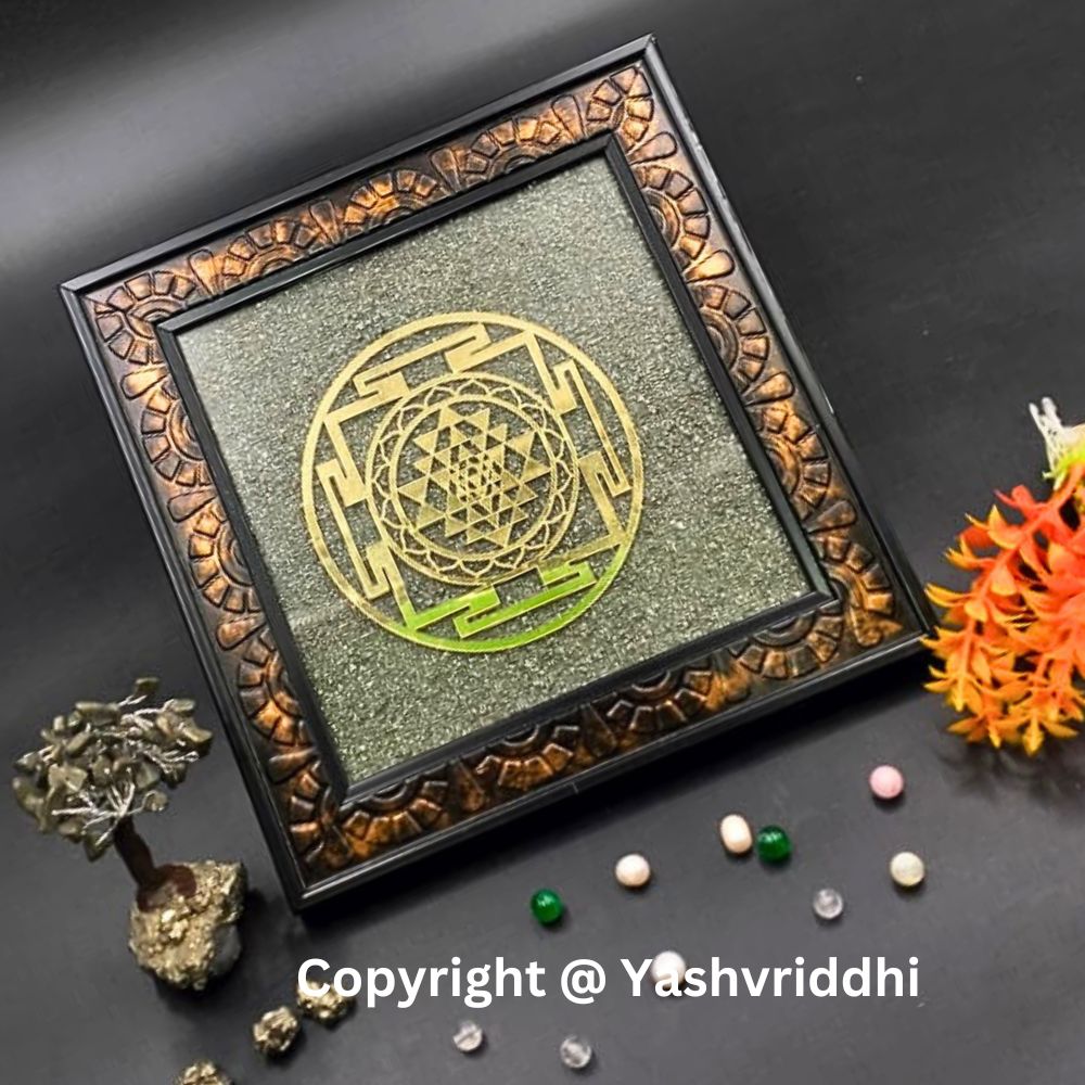 Pyrite Shri Yantra Plate | Golden Geometry Sacred Yantra for Pooja & Home Decor | Yashvriddhi