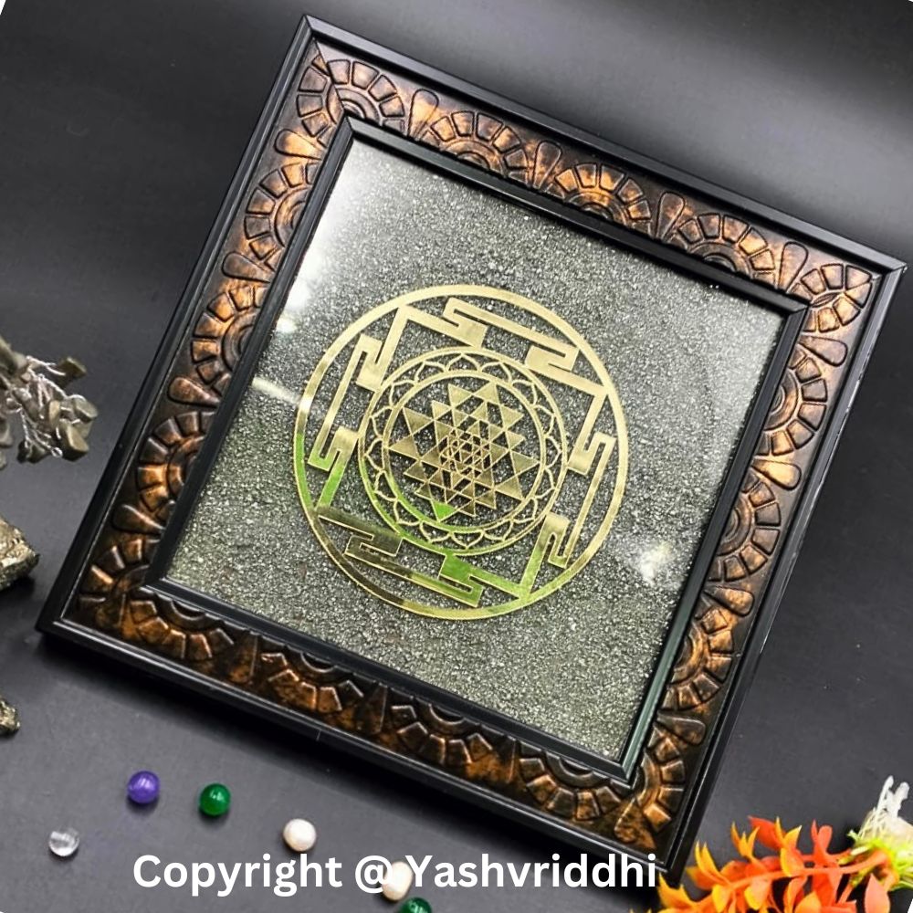 Pyrite Shri Yantra Plate | Golden Geometry Sacred Yantra for Pooja & Home Decor | Yashvriddhi