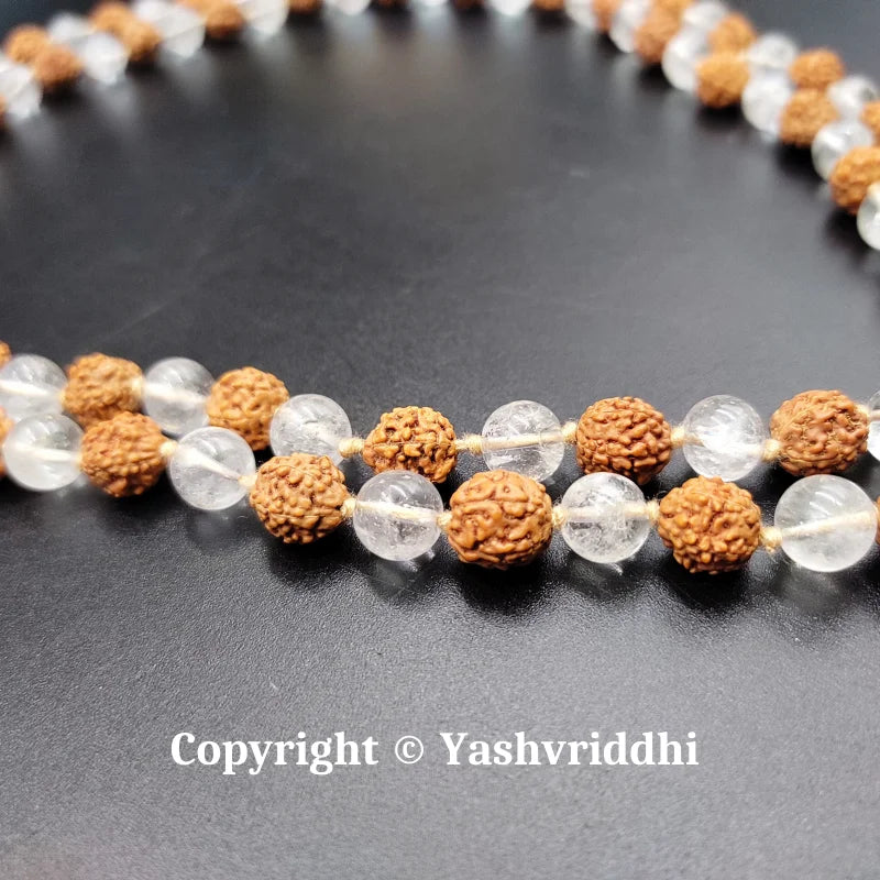 Rudraksha with Sphatik Round Jaap Mala | Premium Meditation & Mantra Chanting Mala | Yashvriddhi