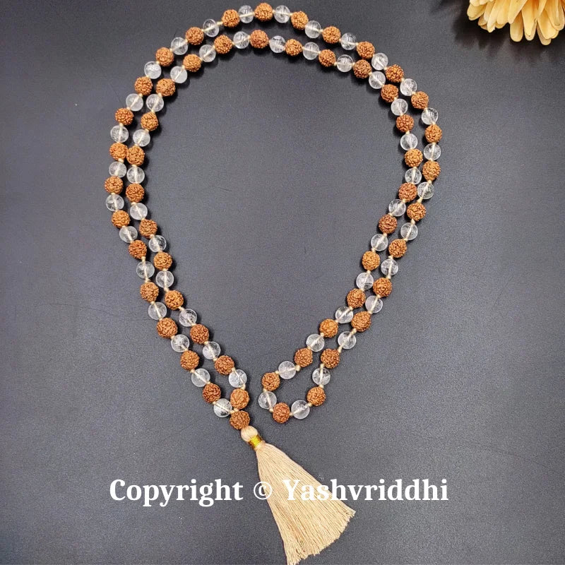 Rudraksha with Sphatik Round Jaap Mala | Premium Meditation & Mantra Chanting Mala | Yashvriddhi