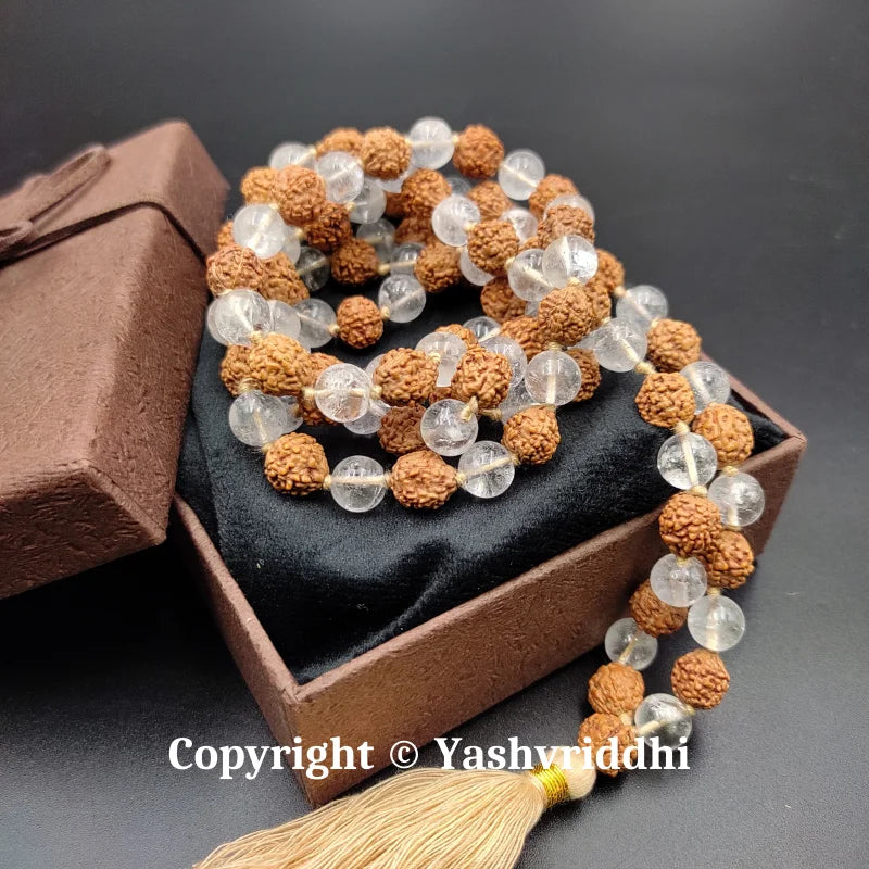 Rudraksha with Sphatik Round Jaap Mala | Premium Meditation & Mantra Chanting Mala | Yashvriddhi