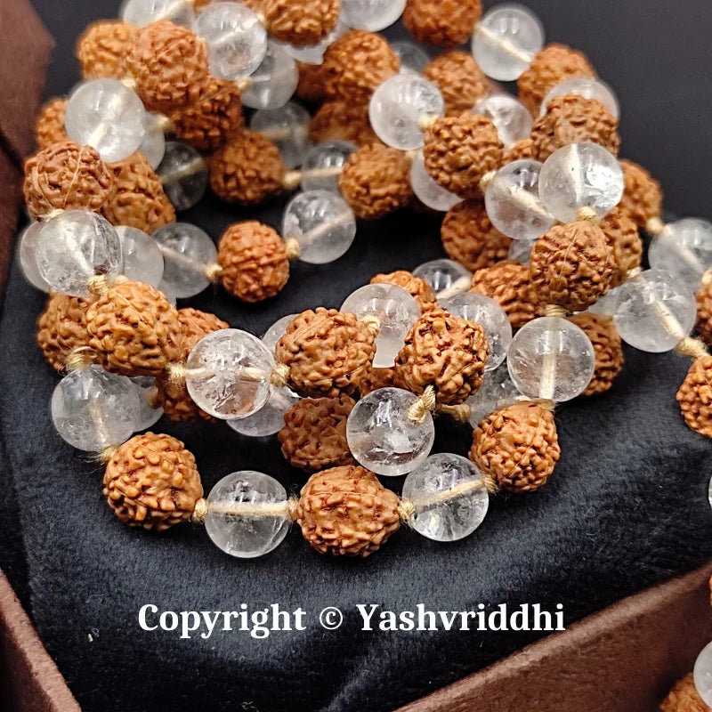 Rudraksha with Sphatik Round Jaap Mala | Premium Meditation & Mantra Chanting Mala | Yashvriddhi