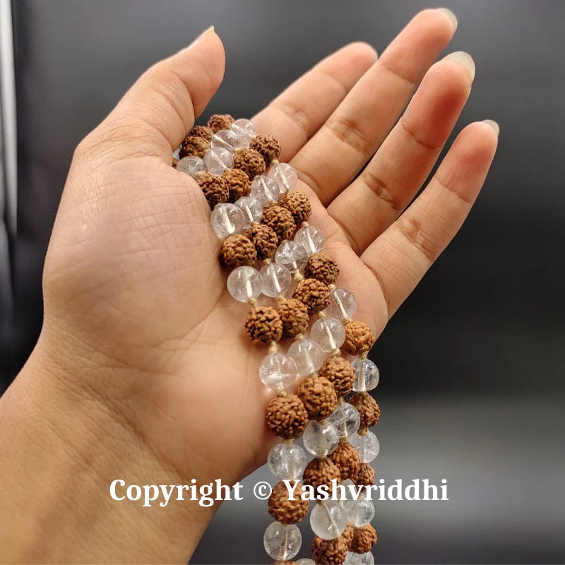 Rudraksha with Sphatik Round Jaap Mala | Premium Meditation & Mantra Chanting Mala | Yashvriddhi